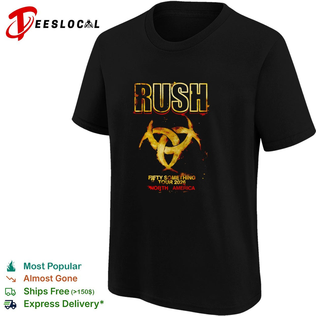 Rush Fifty Something Tour 2026 North America gold logo print graphic cotton shirt
