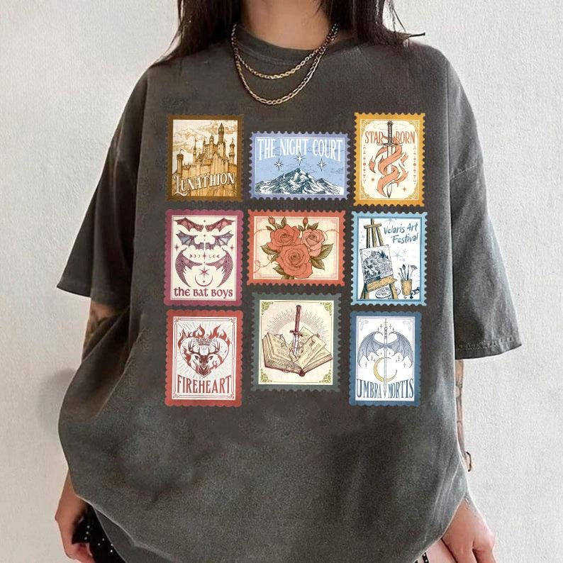 SJM Books Stamp Comfort Colors Shirt, ACOTAR tog Crescent City T Shirt For Bookish Fan, SJM Postage Stamp Shirts, Velaris...