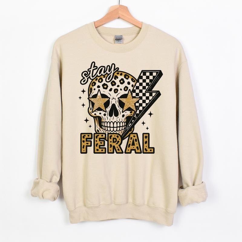 STAY FERAL NEW LIGHTENING BOLT Long Sleeve Crewneck Sweatshirt Grunge Alt Aesthetic Edgy Streetwear Womenswear Casual...