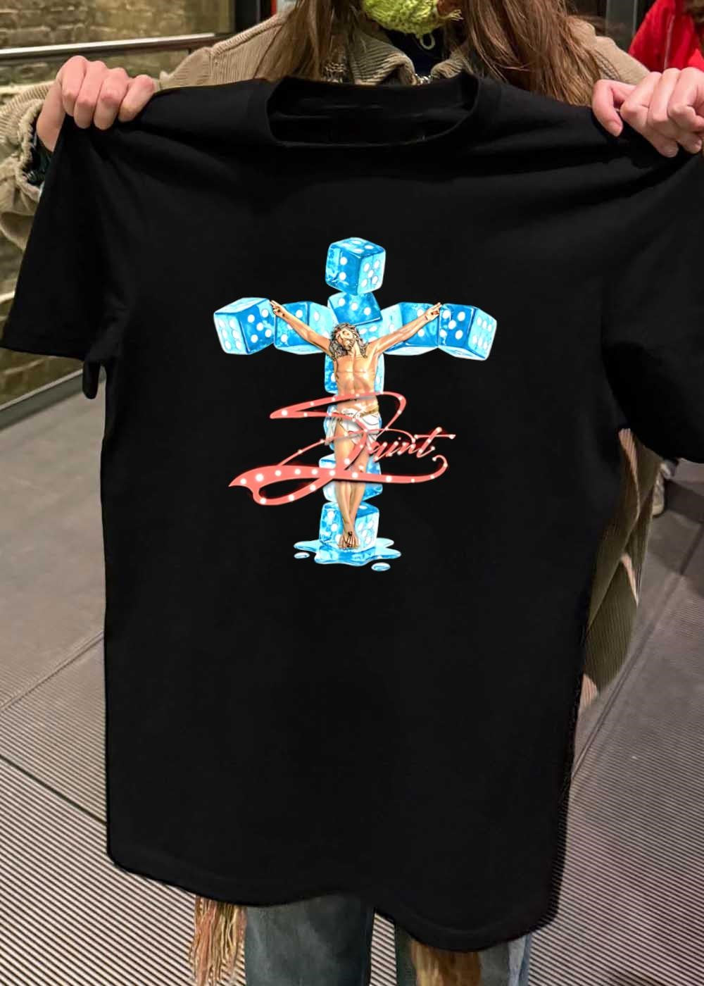Saint Jesus Christ on a Cross Made of Ice Dice T-Shirt