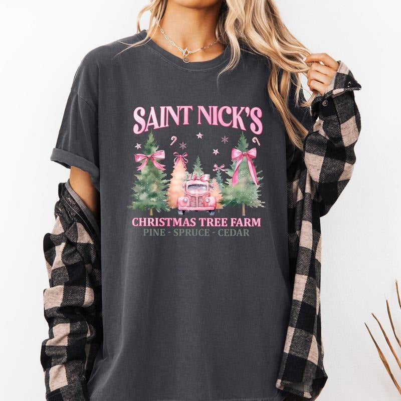 Saint Nick's Christmas Tree Farm, Retro, Winter, Santa, Snow, Xmas Tshirt, Christmas Comfort Colors Tshirt, Women's...