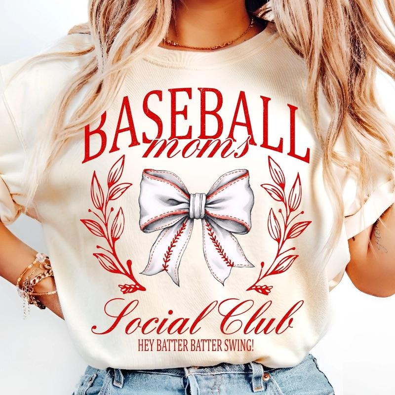 [Sale To 45% Off] Baseball Mom Social Club T-Shirt, Coquette Bow Retro Watercolor Baseball T-Shirt, Game Day Sidelines...
