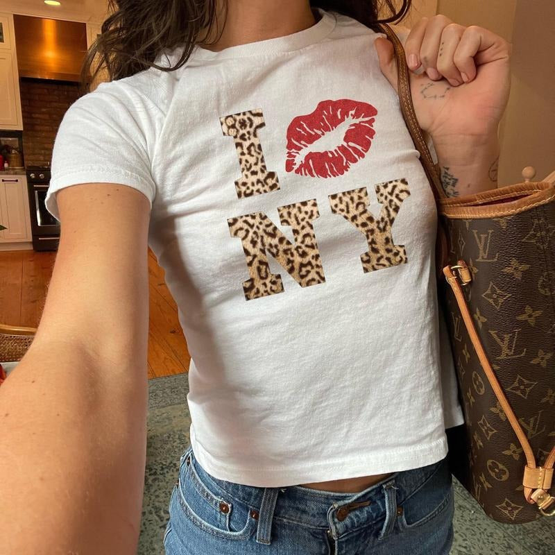 [Sale Up To 40%] Leopard Print New York Y2K Baby Tee, Trendy Shirt For Women, Gifts For Her Hoodie, Sweatshirt