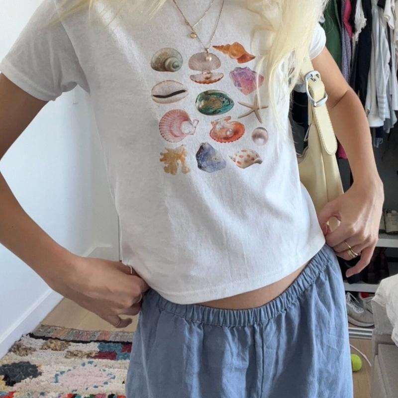 [Sale Up To 40%] Sea Shell Baby Tee Summer Outfits Vintage Collage Aesthetic Seashell, Trendy Shirt For Women, Gifts For...