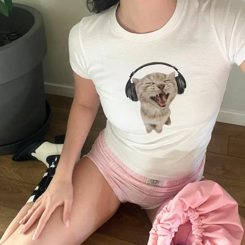 [Sale Up To 40%] Y2K Headphones Cat Baby Tee Summer Outfits 90s Kitten, Trendy Shirt For Women, Gifts For Her Hoodie,...