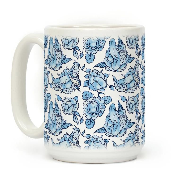 [Sale off up to 30%] Floral Penis Blue Coffee Mug, 11 oz or 15 oz Ceramic Drinkware with Large Handles, Printed in the...