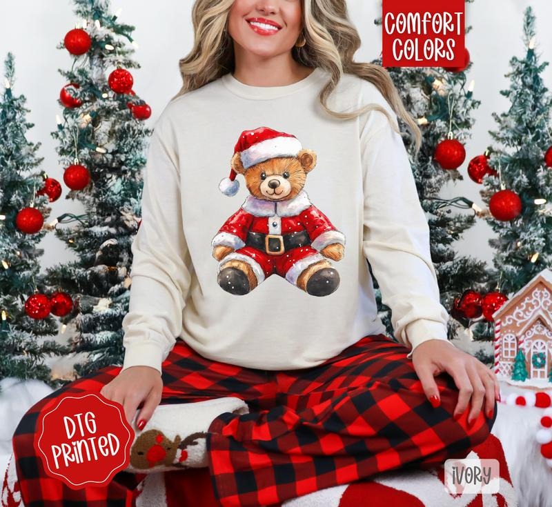 Santa Bear Comfort Colors Long Sleeve T-Shirt, Cute Women's Christmas Tee Hoodie, Sweatshirt | PodTeesHub.com