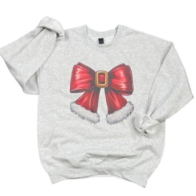 Santa Bow Sweatshirt on Ash Gray - Christmas Sweatshirt for Women T-Shirts, Hoodie | PodTeesHub.com
