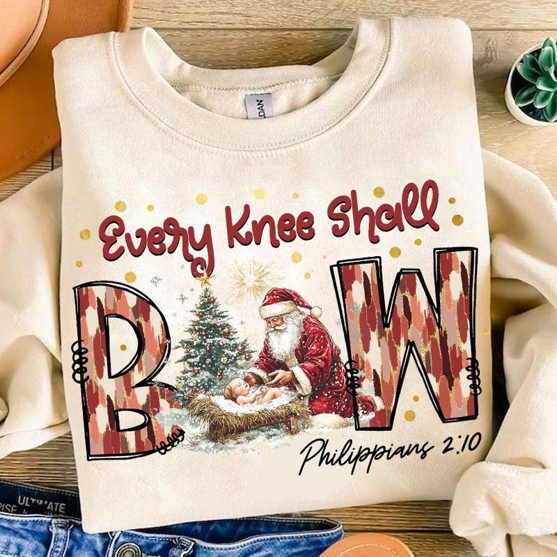 Santa Claus Every Knee Shall Bow Nativity Scene Sweatshirt, Trendy Christmas Season Graphic Design Unisex Hooded Sweater...