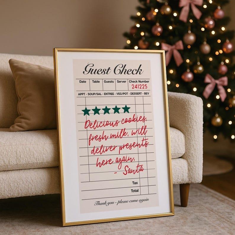 Santa Guest Check Christmas Wall Art Poster, Funny Holiday Poster, Retro Santa Cookies & Milk Christmas Kitchen Decor...