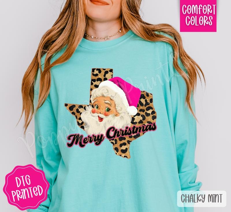 Santa Texas Comfort Colors Long Sleeve T-Shirt, Cute Women's Tee Hoodie, Sweatshirt | PodTeesHub.com