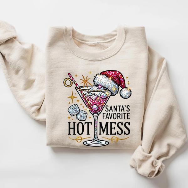 Santa's Hot Mess Sweater, Christmas Martini Faux Drink Shirt, Christmas Party Drink Sweatshirt For Women Hoodie