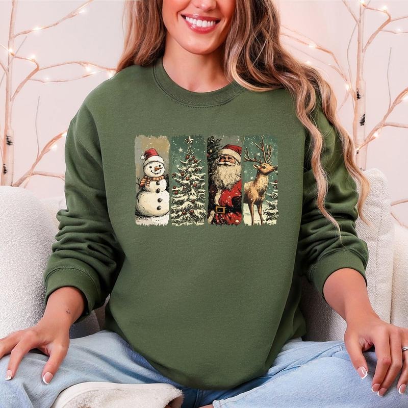Santa, Snowman, Christmas Tree, Reindeer Sweatshirt, Crew Neck, Women's, Crewneck T-Shirts, Hoodie | PodTeesHub.com