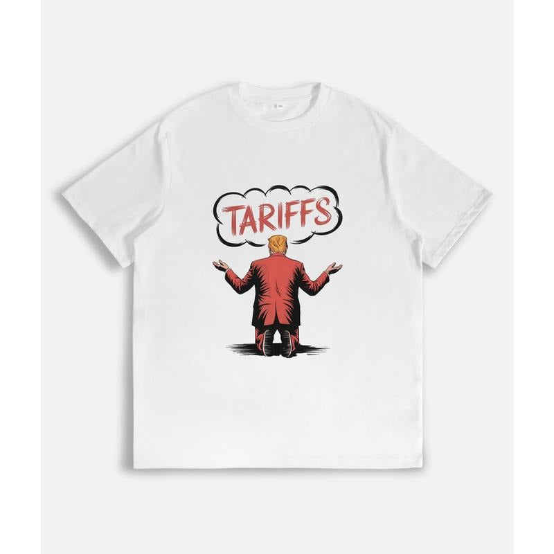 Satirical T - Shirt with Kneeling Figure and "Tariffs" Thought Bubble Hoodie, Sweatshirt | PodTeesHub.com