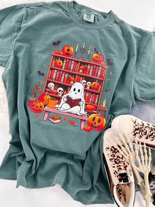 Scary Stories Bookish Halloween Ghost Pumpkin Coffee Short Sleeve Graphic Tee Unisex T-Shirt Womenswear Crewneck Casual...