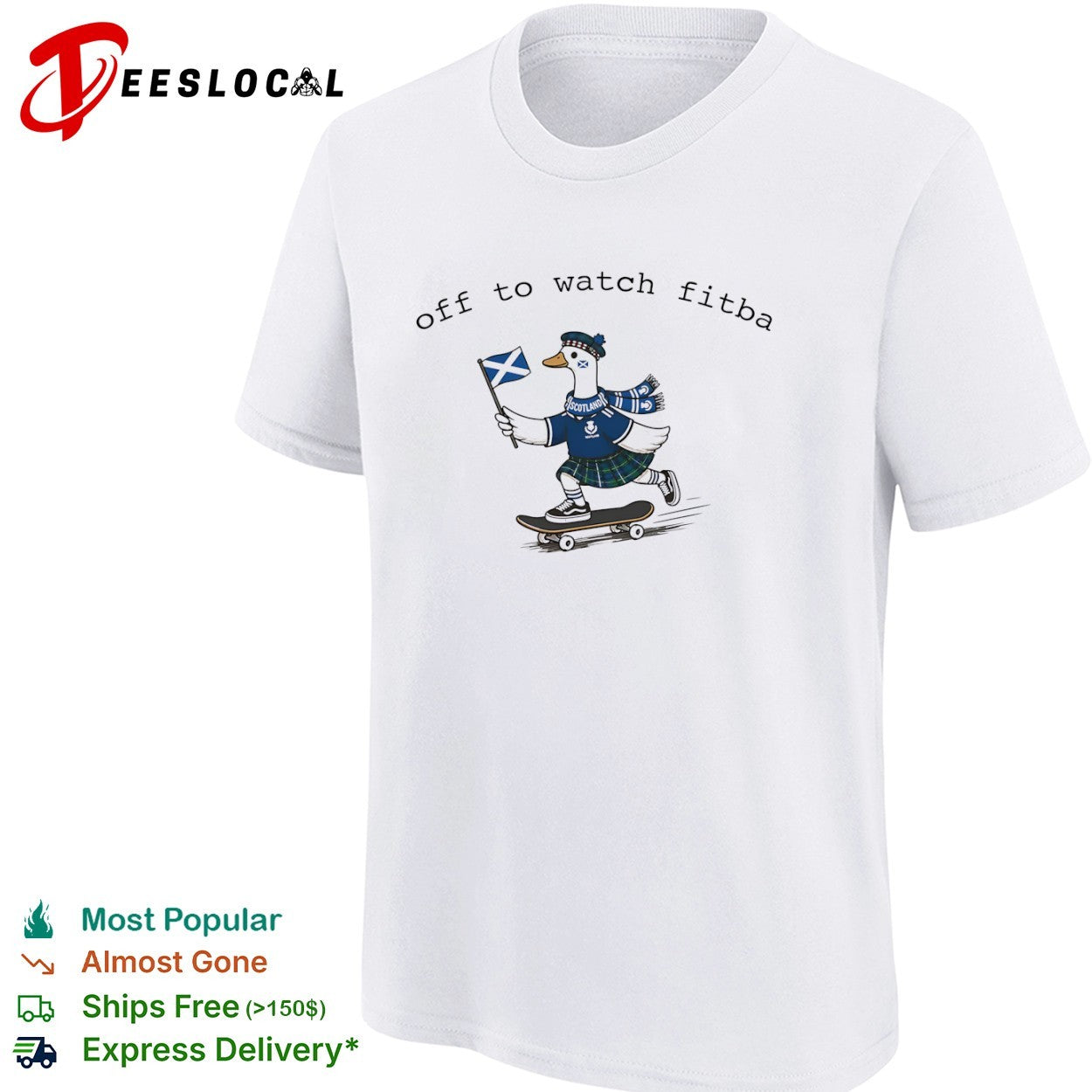 Scotland duck skateboard kilt off to watch fitba shirt