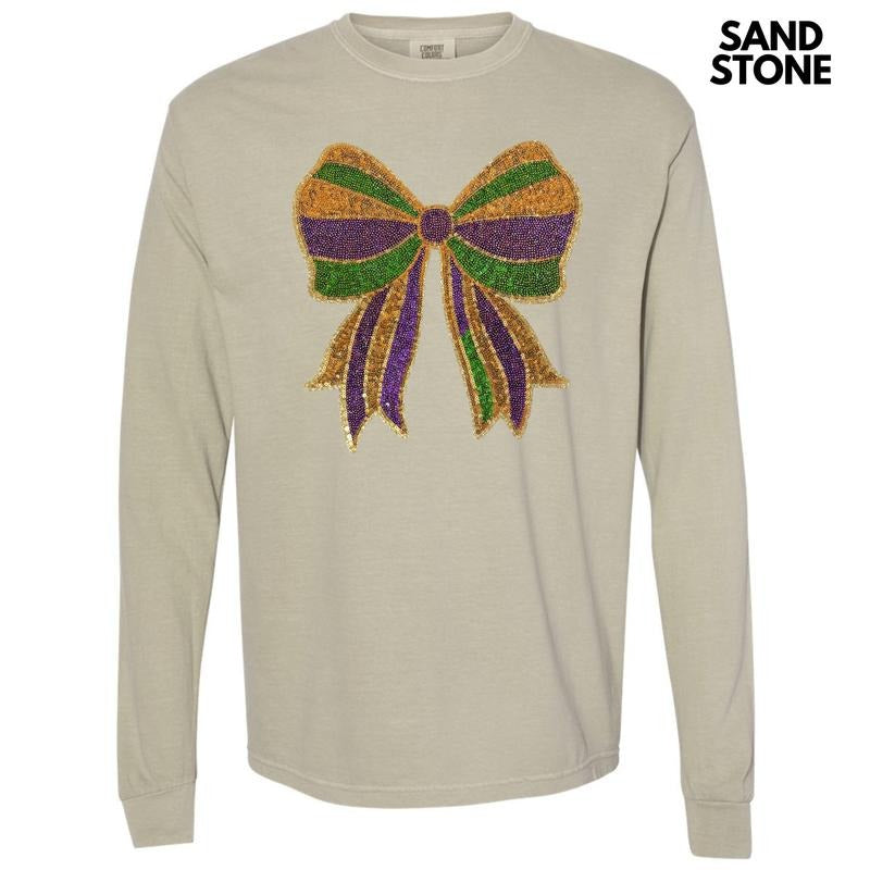 Sequin Mardi Gras Bow Patch Long Sleeve Comfort Colors T-Shirt Hoodie, Sweatshirt | PodTeesHub.com