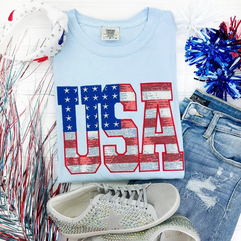 Sequin USA Patch Comfort Colors T-Shirt Hoodie, Sweatshirt | PodTeesHub.com