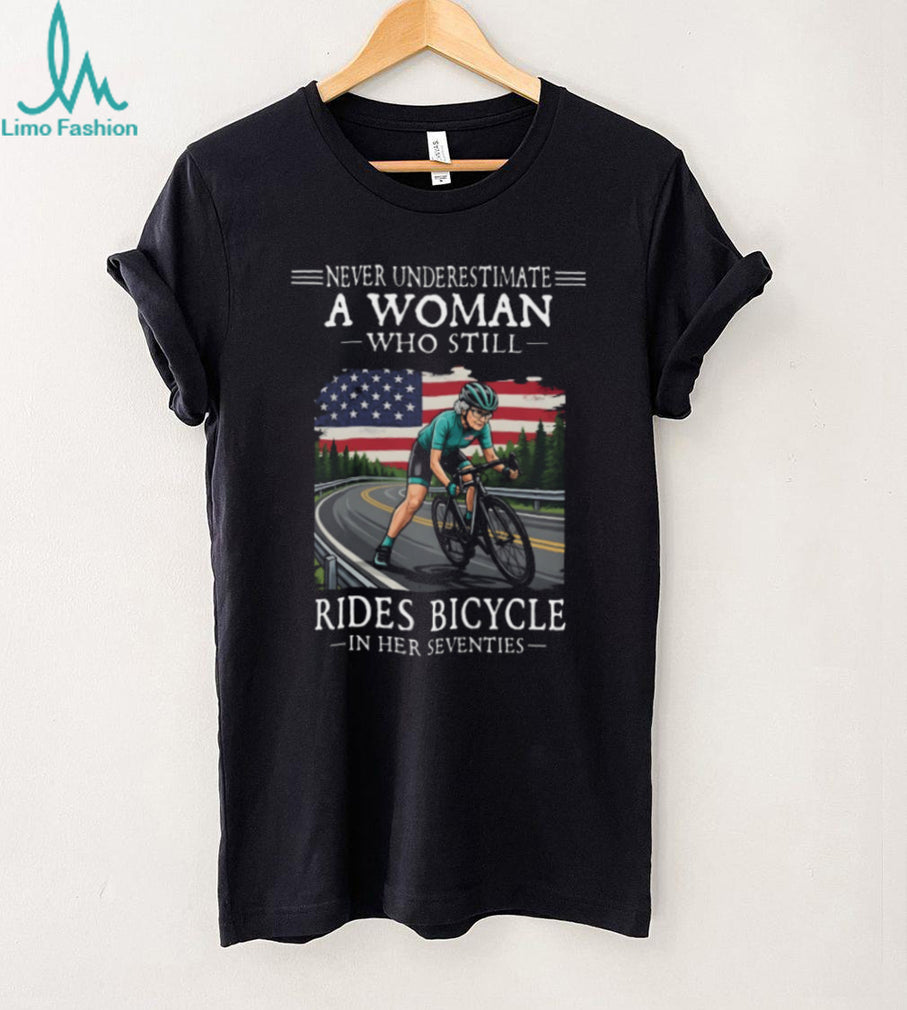 Seventies Woman Bicycle Rider American Flag Shirt