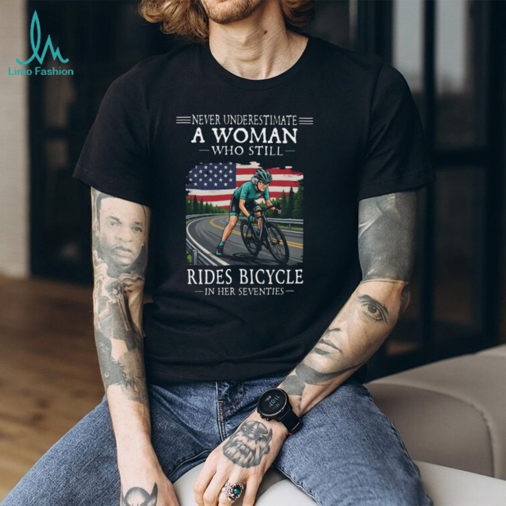Seventies Woman Bicycle Rider American Flag Shirt