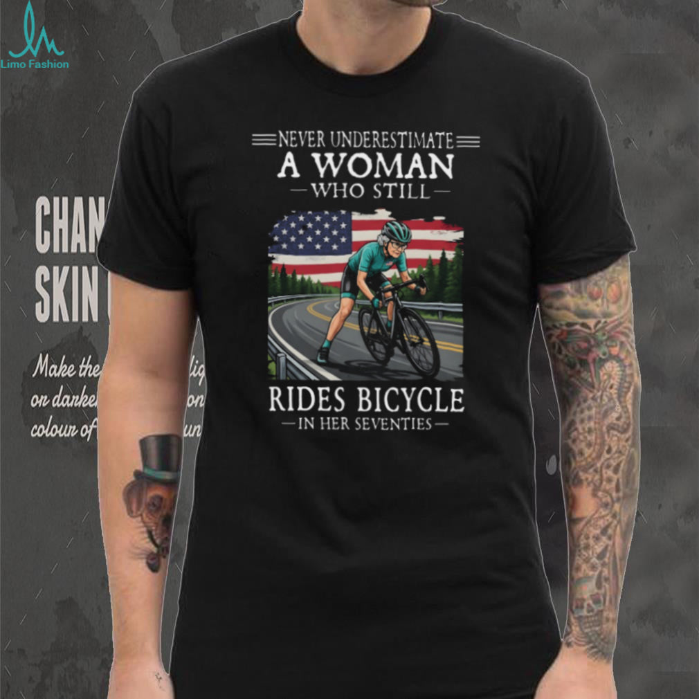Seventies Woman Bicycle Rider American Flag Shirt