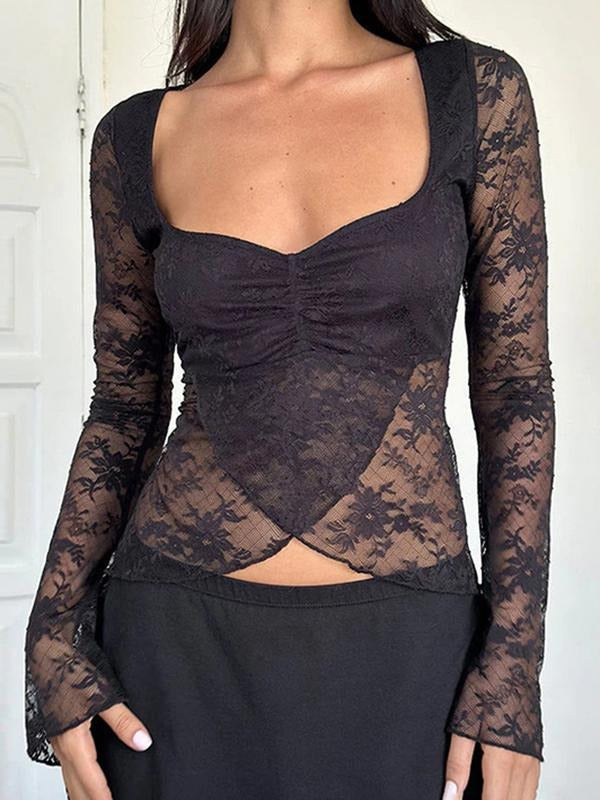 Sexy Lace Transparent Long Sleeve Top, Women's Fitted T-Shirt, Stylish and Comfortable, Perfect for Casual Wear, All...