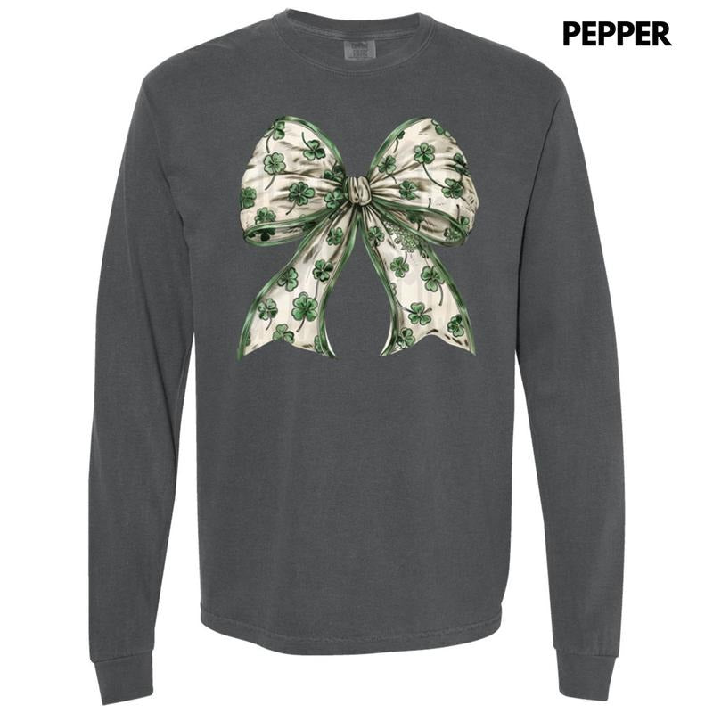 Shamrock Bow Long Sleeve Comfort Colors T-Shirt Hoodie, Sweatshirt | PodTeesHub.com