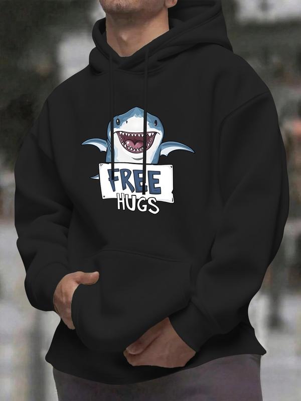 Shark Hoodie with Free Hugs Sign, Pop Art Print Design, Fitted Style for Spring & Fall, Unisex Streetwear T-Shirts,...