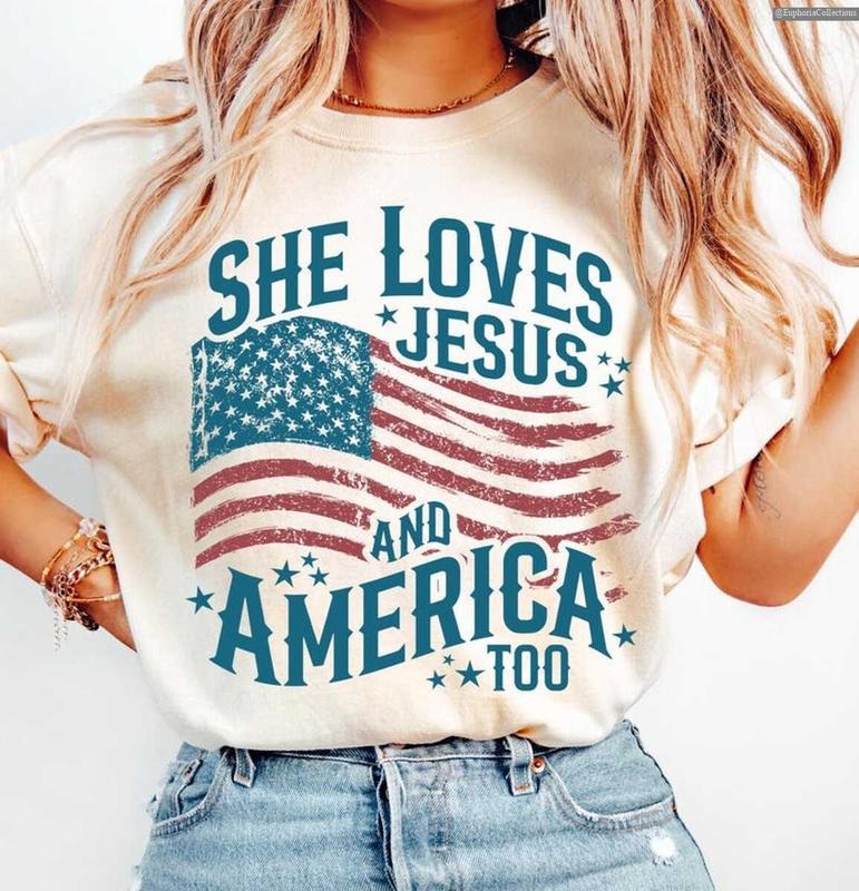 She Loves Jesus And America Too Shirt, Patriotic Independence Day Shirt, Christian Red White Blue 1776 USA Flag Tee ,...