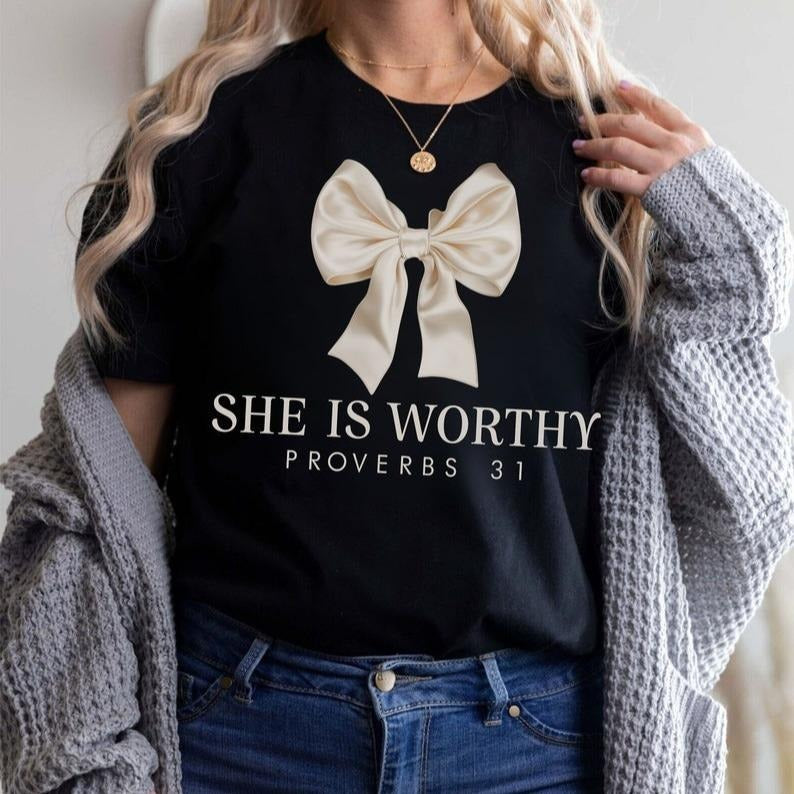 She is Worthy Bow Bible Verse Shirt, Women's Christian Shirts, Cute Christian Coquette Designs, Girly Faith Shirt, Trendy...