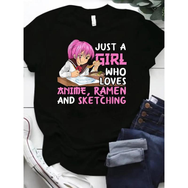 Short Sleeve Anime & Letter Print Crew Neck T-Shirt for Spring & Summer, Women's Casual Clothing Hoodie, Sweatshirt