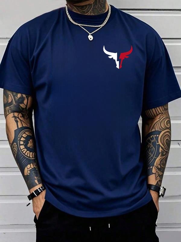 Short Sleeve T-Shirt with Bull Head Pattern, Design, Casual Streetwear Trendy, Men's Fashion Clothing Hoodie, Sweatshirt