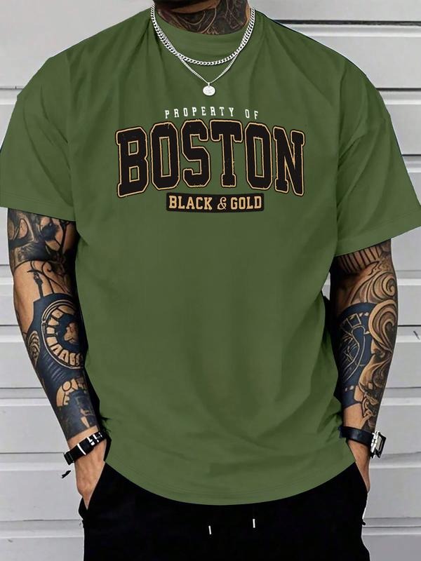 Short Sleeve T-Shirt, Boston & Gold Letter Pattern, Casual Streetwear, Geometric Graphic, Fitted, Spring & Fall Hoodie,...