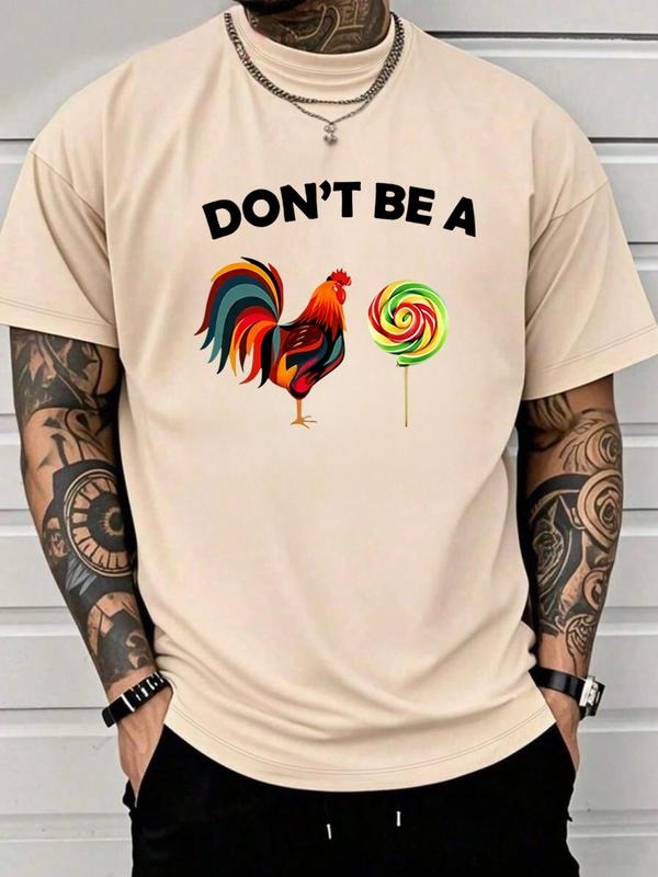 Short Sleeve T-Shirt, Don't Be a Chicken & Lollipop Print, Casual Streetwear Trendy, Geometric Pattern, All Seasons...