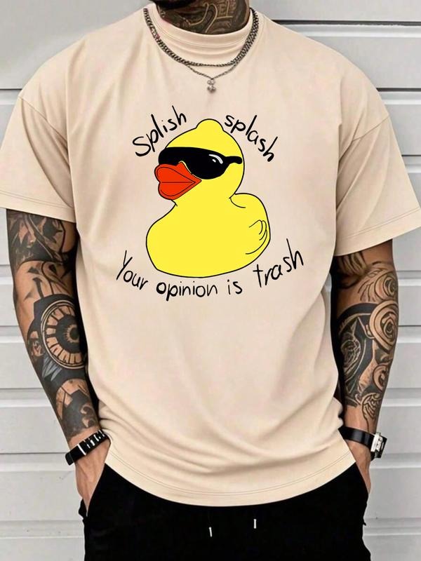 Short Sleeve T-Shirt, Duck Sunglasses Print, Splish Splash Text, Trendy Street Casual Wear, Fitted Geometric Pattern...