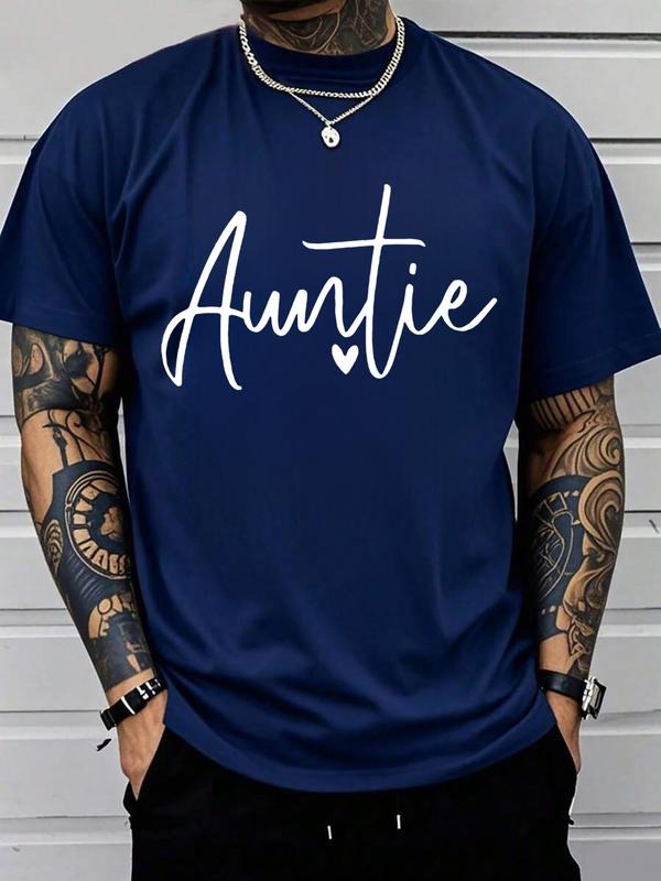 Short Sleeve T-Shirt, Fashion Trendy Auntie Heart Letter Print, Unisex Couple Casual Daily Wear, Geometric Pattern, All...