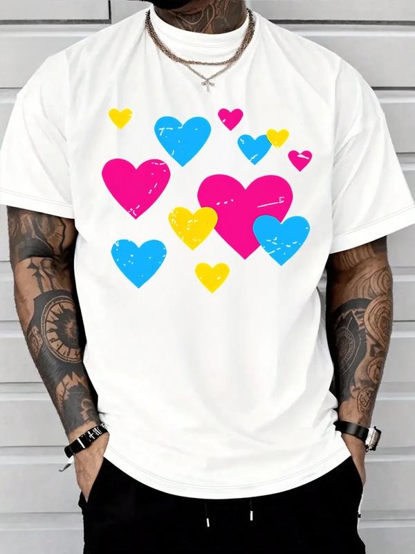 Short Sleeve T-Shirt, Fashion Trendy Multicolor Heart Pattern Print, Casual Streetwear, Fitted, All Seasons, Women's...
