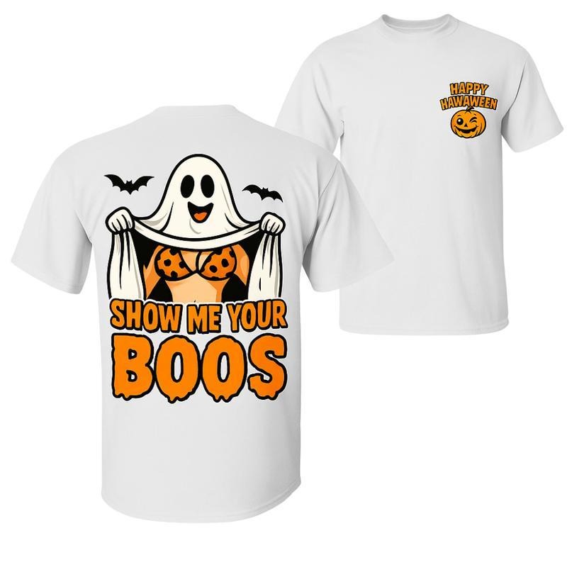 Show Me Your Boos Halloween T-Shirt, Funny Ghost with Pumpkin Bikini Graphic, Spooky Season Graphic Shirt for Halloween...