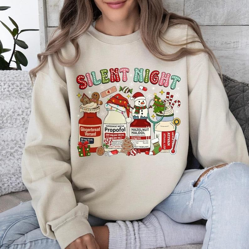 Silent Night Christmas Nurse SweatShirt, Festive Medical Tee for ER and ICU Nurses, Holiday Healthcare Top, Cute...