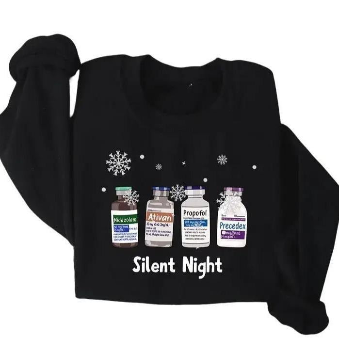 Silent Night Nurse Christmas Sweatshirt, Funny Medical Holiday Shirt, Festive Nurse Crewneck, Cute Christmas Nurse...