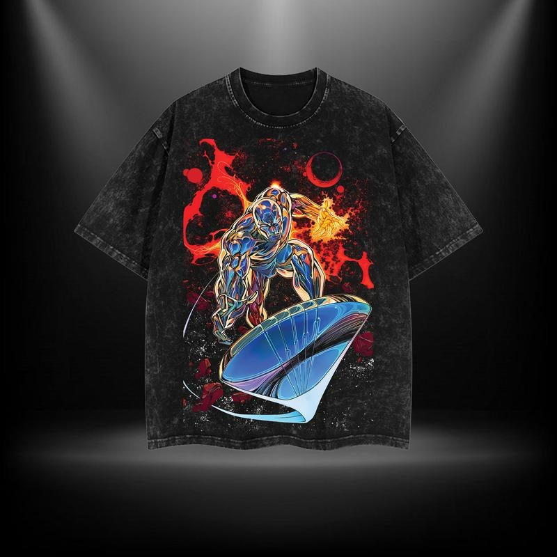 Silver Surfer V2 Fantastic 4 MCU Comic Double Printed Oversize Lightweight Acid Washed Tee TV Series Graphic Top Cotton...