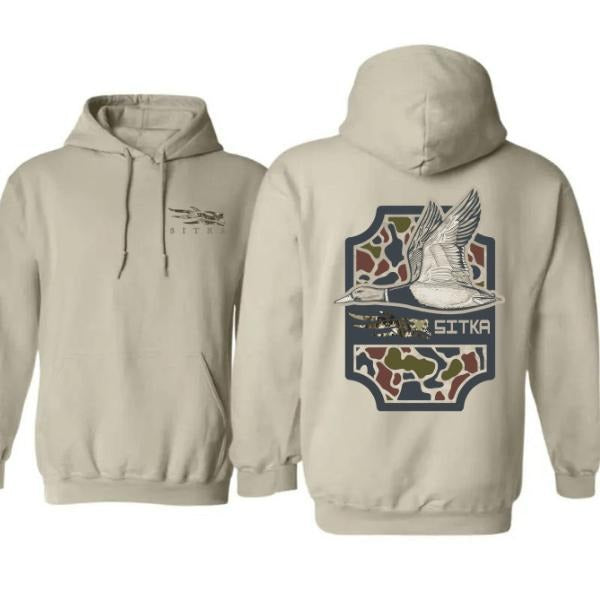 Sitka Duck Camo Hoodie Flying Duck Back Graphic, Buck Season Shirt, Outdoor Waterfowl Style, Hunting Season Ready, Fall...