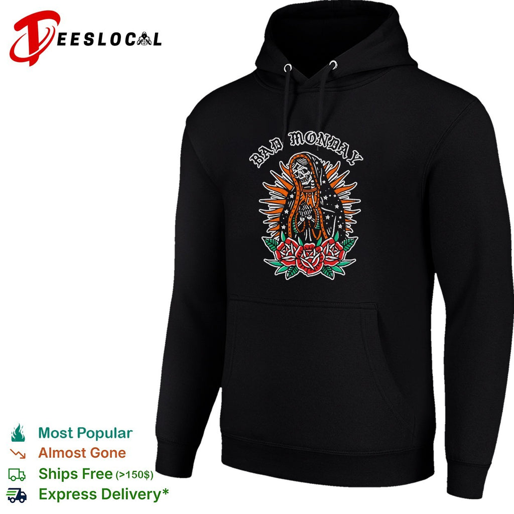 Skeleton Bad Monday Santa Muerte praying roses tattoo shirt