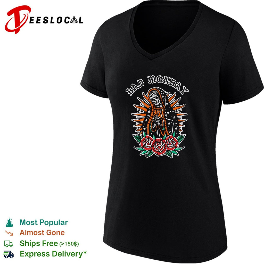 Skeleton Bad Monday Santa Muerte praying roses tattoo shirt