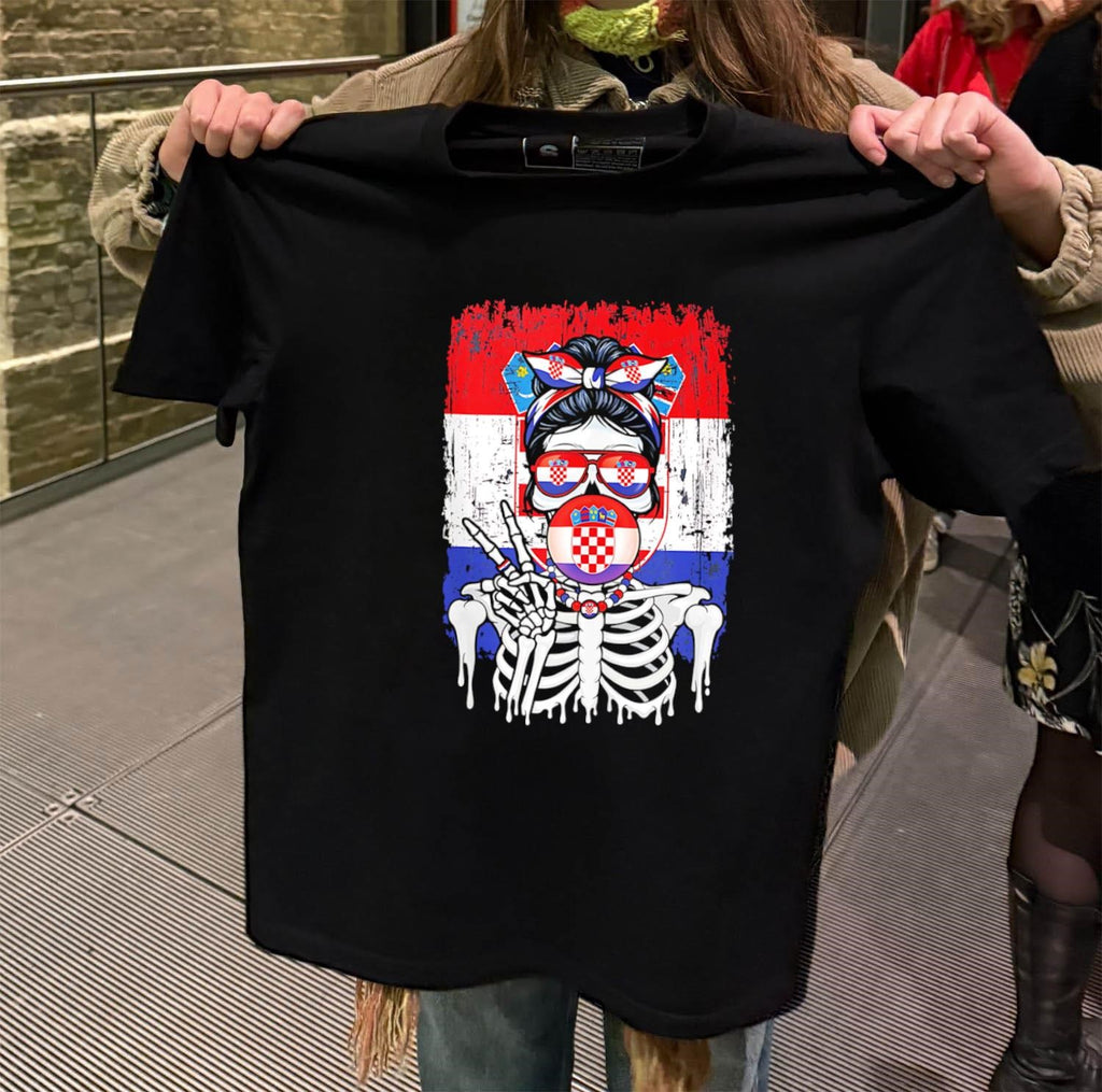 Skeleton Girl Croatia Flag Glasses Peace Sign Bubble Gum shirt