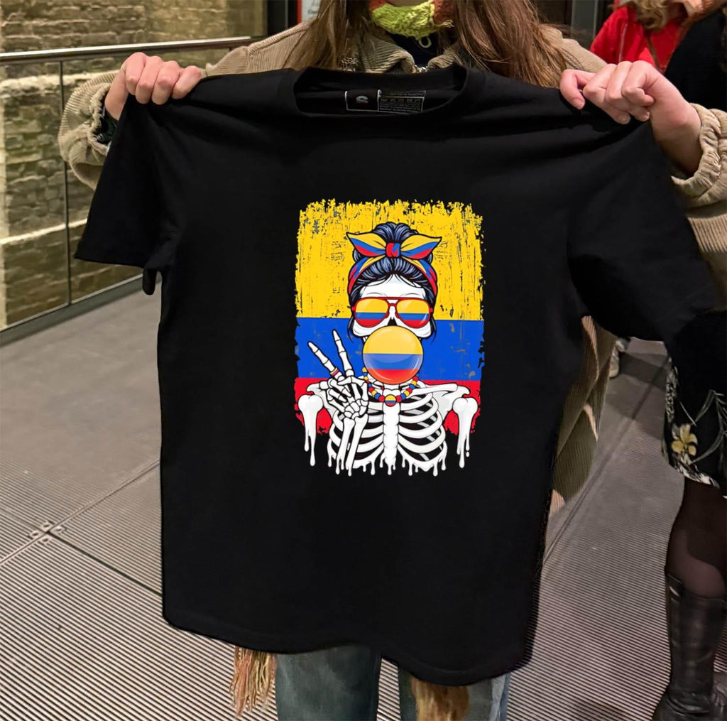 Skeleton Girl Ecuador Flag Glasses Peace Sign Bubble Gum shirt