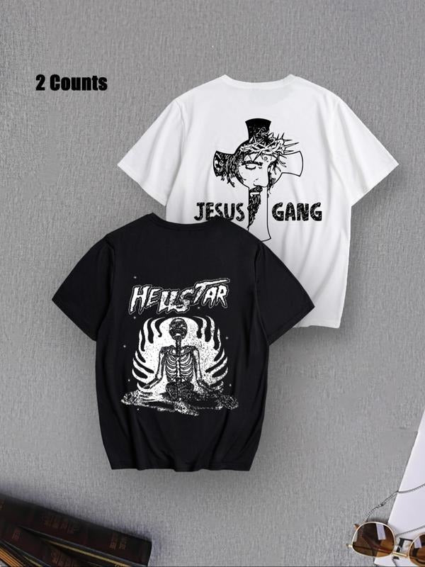 Unisex Jesus/Skeleton Graphic Print Round Neck Tee, Loose Street Fashion Casual Comfy Short Sleeve Crew Neck T-shirt for...