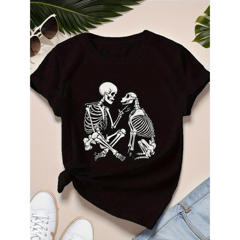Skeleton Graphic T-Shirt For Women With Human And Dog Bones Design Short Sleeve Crew Neck Casual Comfortable Black Tee...