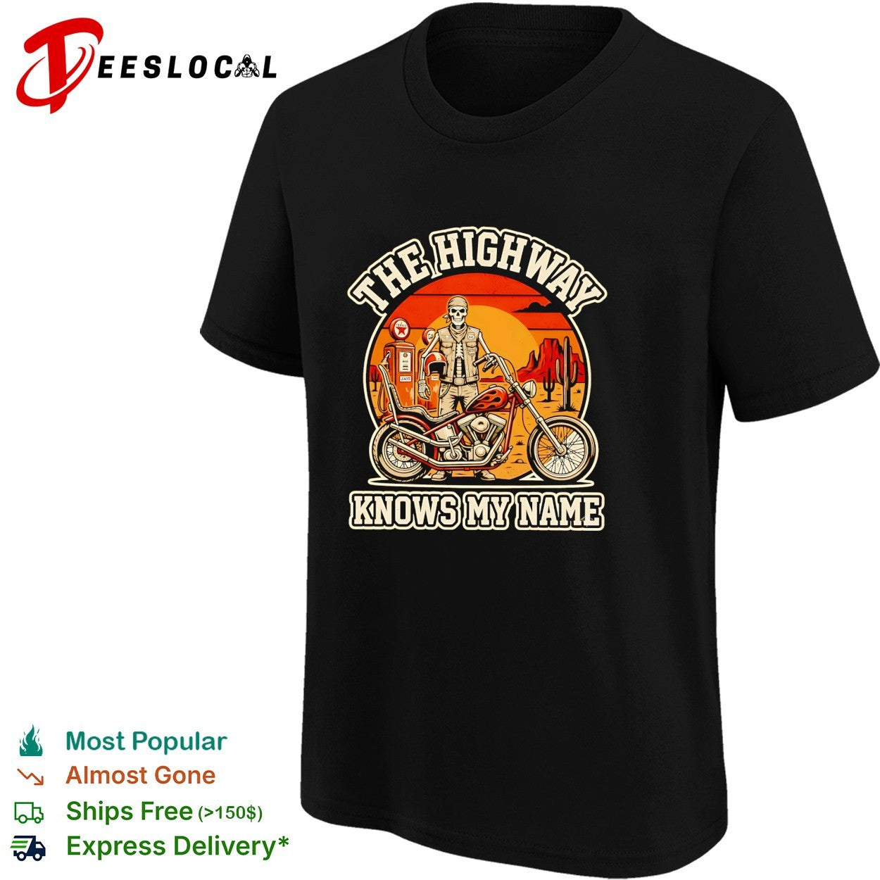 Skeleton biker at gas station the highway knows my name shirt