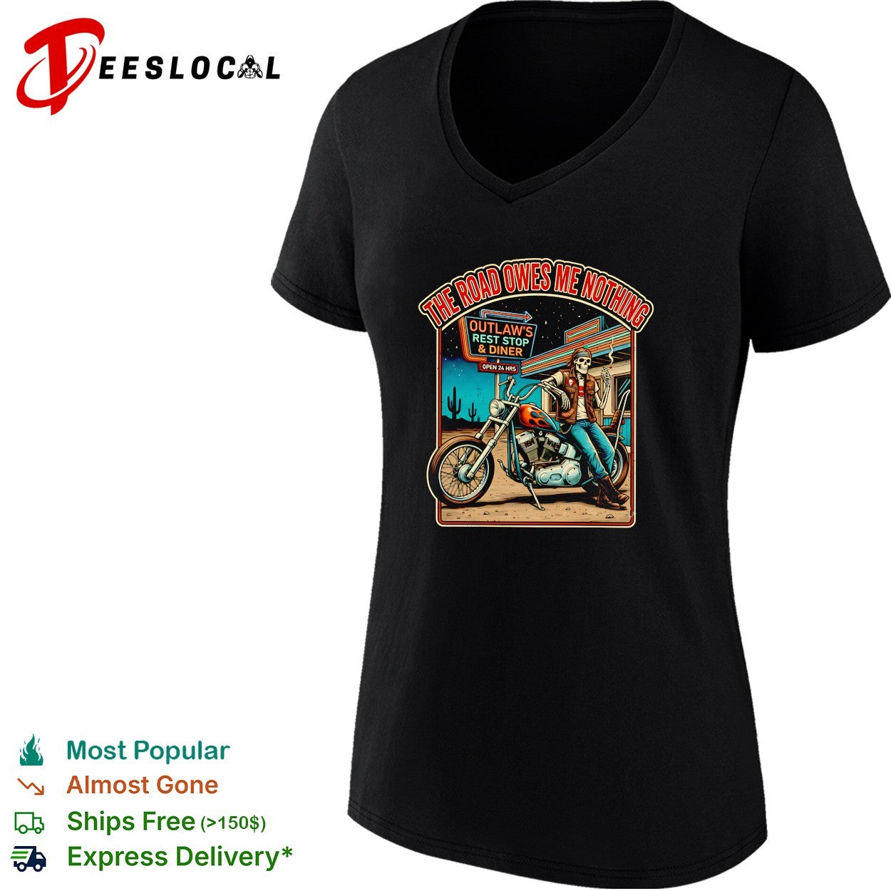 Skeleton biker at outlaw’s rest stop the road owes me nothing shirt